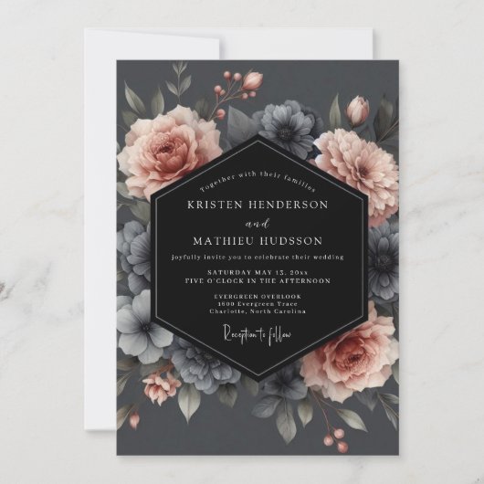 Invitation Mariage Blush Charbon Flore Sobre (Devant)