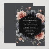 Invitation Mariage Blush Charbon Flore Sobre (Devant / Derrière)