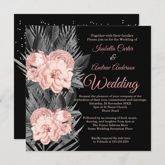 Invitation Mariage Blush Peach Charcoal Floral Black (Devant / Derrière)