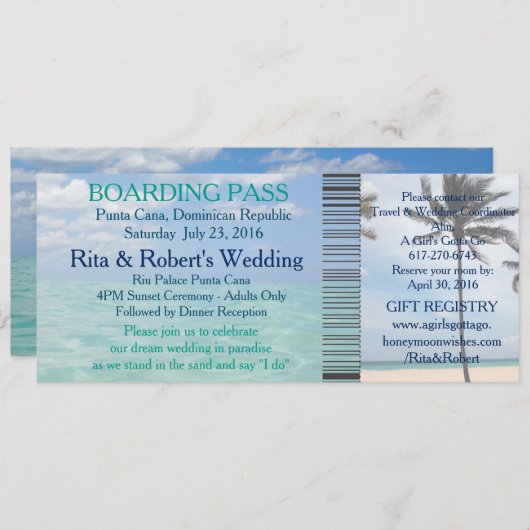 Invitation Mariage Boarding Pass Ticket Beach Destination (Devant / Derrière)