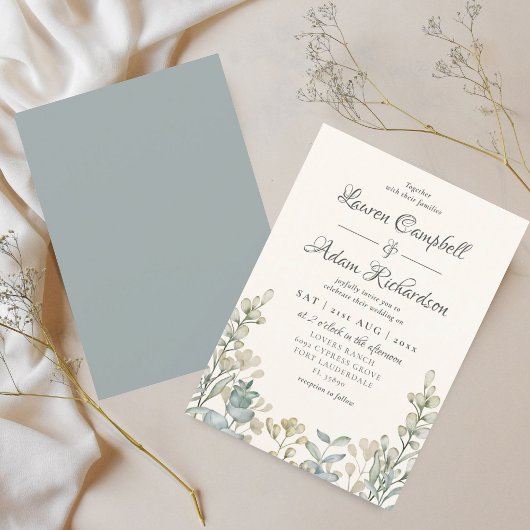 Invitation Mariage Bohème Aquarelle Bleu & Beige Eucalyptus