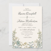 Invitation Mariage Bohème Aquarelle Bleu & Beige Eucalyptus (Devant)