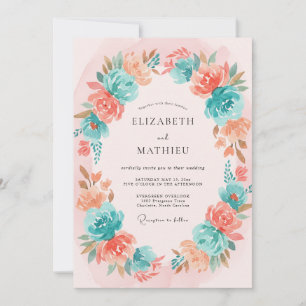 Invitation Mariage Bohème Aquarelle Turquoise Rosé