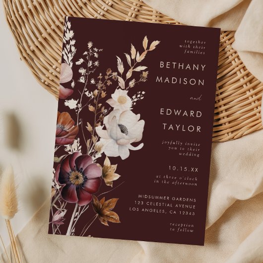 Invitation Mariage Bohème Automnal Fleur Sauvage Marron