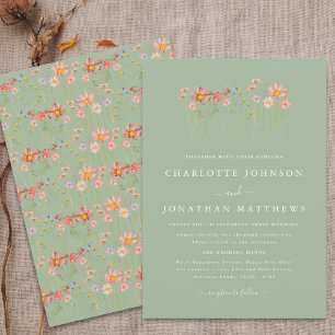 Invitation Mariage Bohème Automnal Fleurs Sauvages Vert Sauge