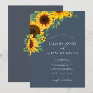 Invitation Mariage Bohème aux Tournesols Bleu Ardoise