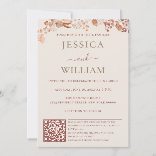Invitation Mariage Bohème Avec Fleurs Boho Et Code QR (Devant)