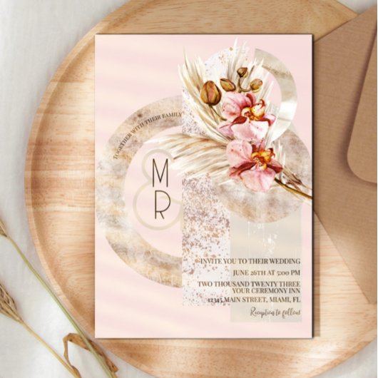 Invitation Mariage Bohème Beige Rose Monogram Pampas