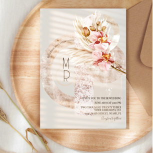 Invitation Mariage Bohème Beige Rose Monogramme Pampas B