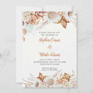 Invitation Mariage Bohème Blanc Cassé Fleurs Marron Rustique