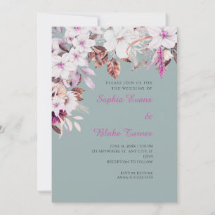 Invitation Mariage bohème blanc et rose floral automne vert