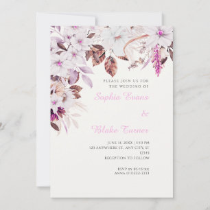 Invitation Mariage Bohème Blanc & Fleurs Roses Automne Blanc