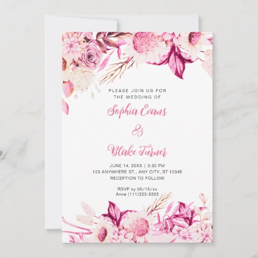 Invitation Mariage bohème blanc Fleurs roses et blanches (Devant)