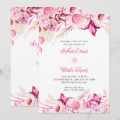 Invitation Mariage bohème blanc Fleurs roses et blanches (Devant / Derrière)