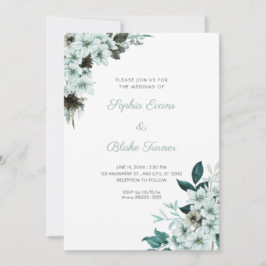 Invitation Mariage Bohème Blanc Fleurs Vertes Rustique (Devant)