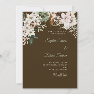 Invitation Mariage Bohème Blanc Floral Hiver Brun Mocha
