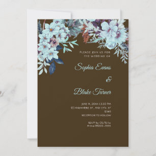 Invitation Mariage Bohème Bleu Floral Hiver Mocha Brun