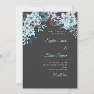 Invitation Mariage Bohème Bleu Floral Ombre Gris Hiver