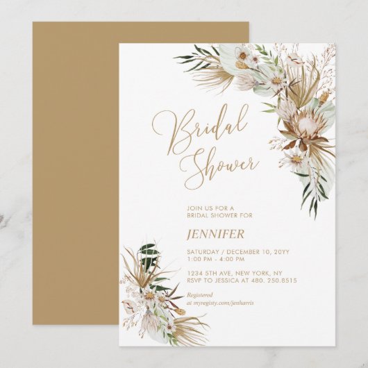 Invitation Mariage Bohème Botanique Vert et Or (Devant / Derrière)