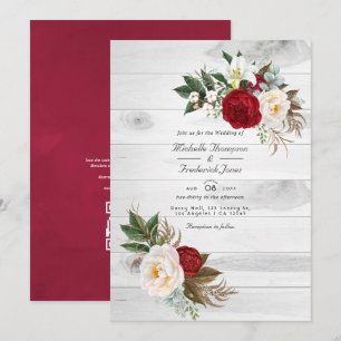 Invitation Mariage Bohème Bourgogne/Marsala avec QR Code de R