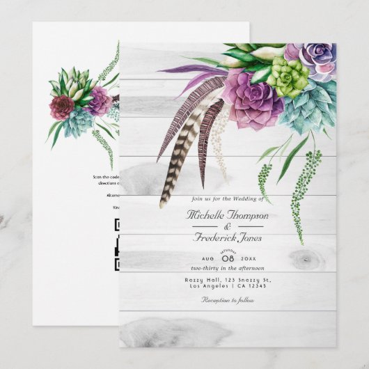 Invitation Mariage Bohème Champêtre avec Succulentes Code QR (Devant / Derrière)