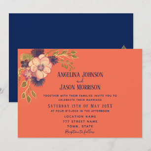 Invitation Mariage Bohème Champêtre Bleu Marine et Corail