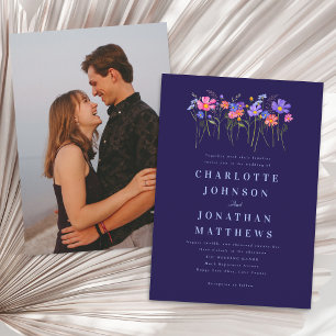 Invitation Mariage Bohème Champêtre Bleu Nuit Rose Photo