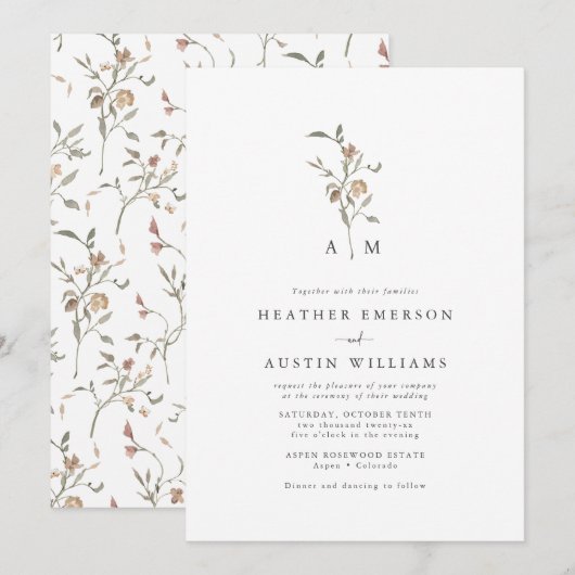 Invitation Mariage Bohème Champêtre Monogramme (Devant / Derrière)