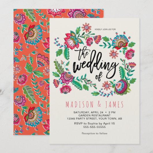 Invitation Mariage bohème chic fleurs orange bohémien (Devant / Derrière)