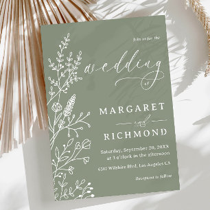 Invitation Mariage Bohème Chic Fleurs Sauvages Vert Sauge Sim
