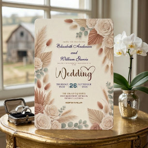 Invitation Mariage Bohème Chic Roses Herbe des Pampas