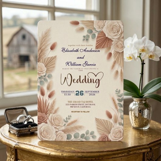 Invitation Mariage Bohème Chic Roses Herbe des Pampas