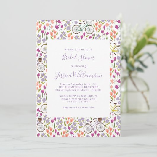Invitation Mariage Bohème Chic Vélo Floral Script (Debout devant)