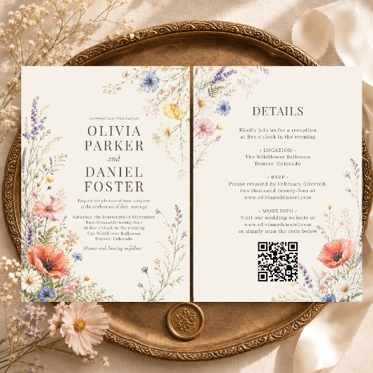 Invitation Mariage Bohème Code QR Fleur de Prairie Colorée