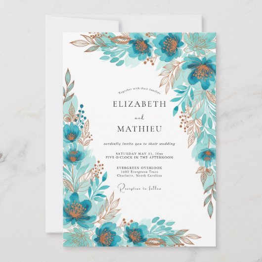 Invitation Mariage Bohème Doré Turquoise (Devant)