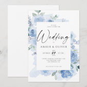 Invitation Mariage Bohème Élégant Fleurs Bleu Poussiéreux (Devant / Derrière)