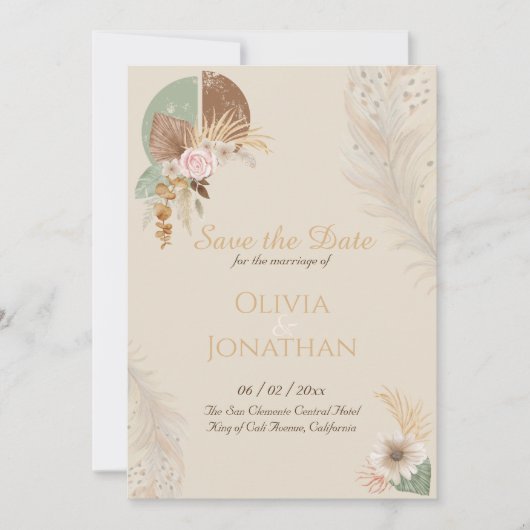 Invitation Mariage Bohème Élégant Save the Date Beige et Plum (Devant)