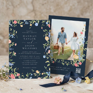 Invitation Mariage Bohème Fleur Sauvage Navy Code QR RSVP
