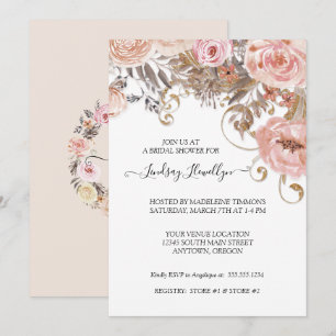 Invitation Mariage Bohème Fleur Séchée Rose Pêche Or