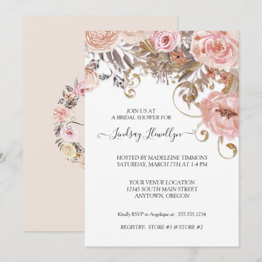 Invitation Mariage Bohème Fleur Séchée Rose Pêche Or (Devant / Derrière)