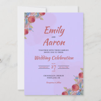 Invitation Mariage bohème fleuri à la rose corail lilas aquar
