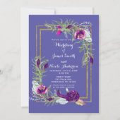 Invitation Mariage bohème fleuri violet et or ultra violet (Devant)