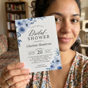 Invitation Mariage Bohème Fleurie Bleu Poussiéreux