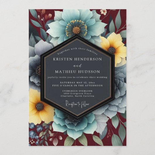 Invitation Mariage Bohème Fleurie Sarcelle et Ocre (Devant)