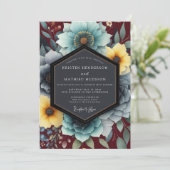Invitation Mariage Bohème Fleurie Sarcelle et Ocre (Debout devant)