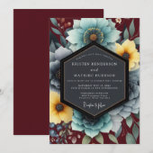 Invitation Mariage Bohème Fleurie Sarcelle et Ocre (Devant / Derrière)