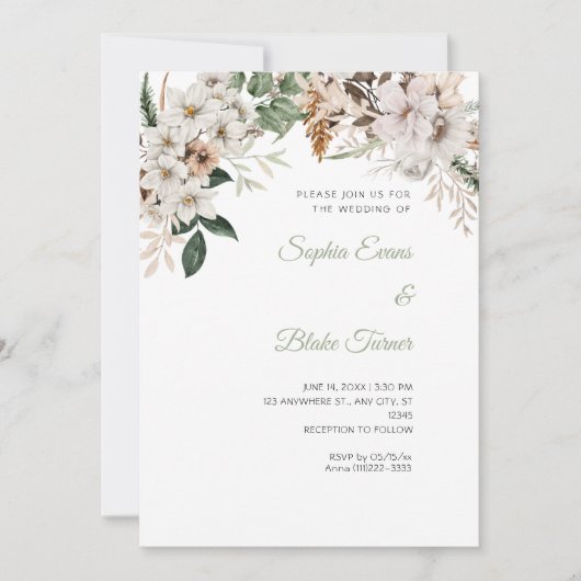 Invitation Mariage Bohème Fleurs Blanches Hiver (Devant)