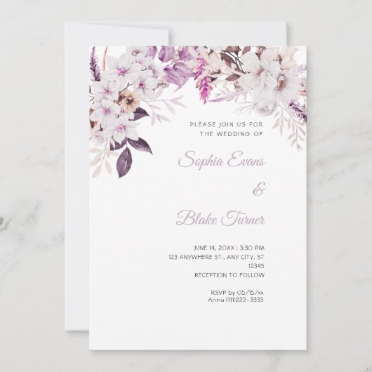 Invitation Mariage Bohème Fleurs Blanches Hiver (Devant)