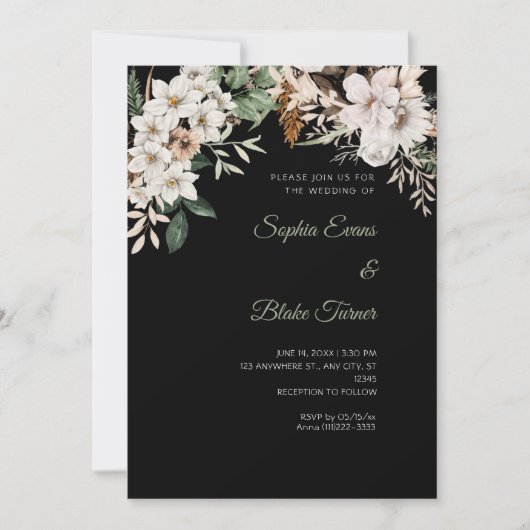 Invitation Mariage Bohème Fleurs Blanches Hiver Noir (Devant)