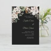 Invitation Mariage Bohème Fleurs Blanches Hiver Noir (Debout devant)